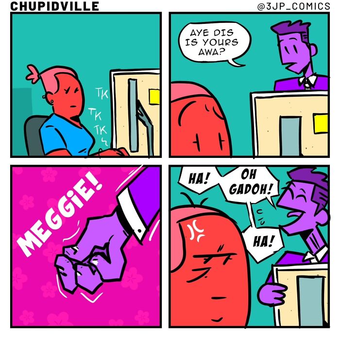 A funny cartoon comic where a person plays a prank on a colleague, capturing the chaos of everyday moments.