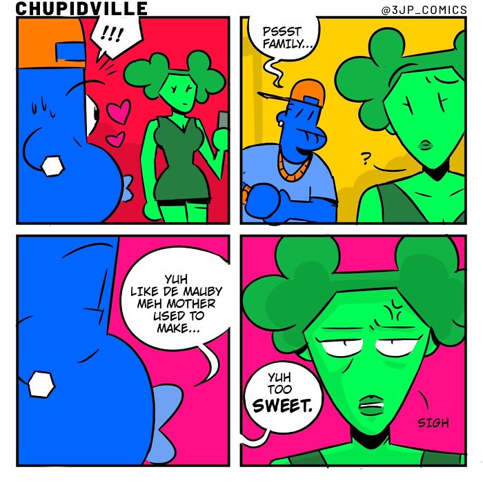 A bright cartoon comic depicting a humorous family interaction about sweet food, illustrating funny everyday moments.