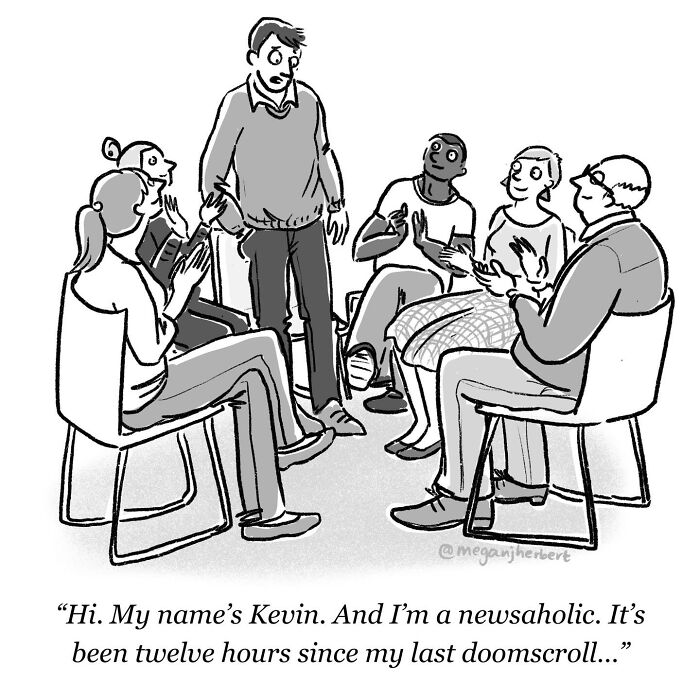 A funny comic by a multitalented cartoonist showing a man confessing to being a newsaholic in a support group.