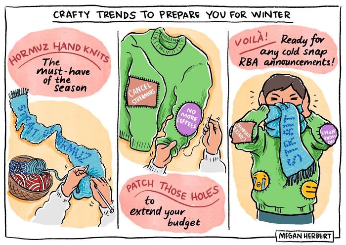 A funny comic by a multitalented cartoonist showing crafty trends for winter, including knitting and patching clothes.