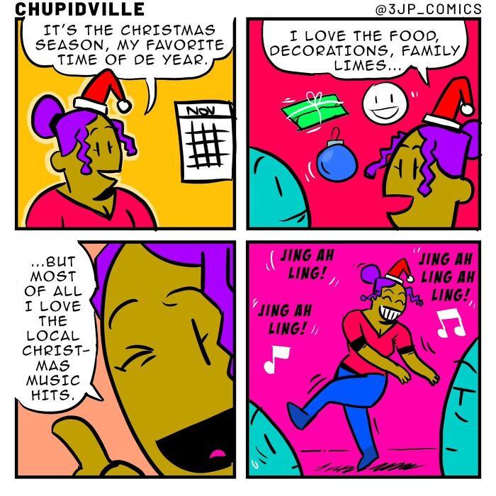 A vibrant cartoon comic showing a person celebrating Christmas music, capturing funny everyday moments.