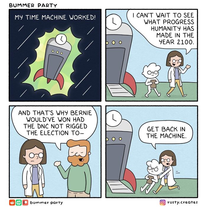 A comic with quirky humor about a time traveler from the year 2100 discussing rigged elections, prompting a quick return.