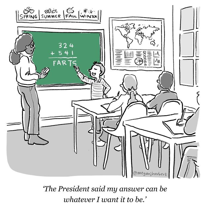 A funny cartoon of a student writing a silly answer on the board during a math lesson.