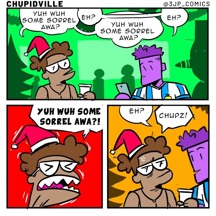 Funny comics about everyday moments: Two people repeat a question about sorrel, leading to one getting frustrated.