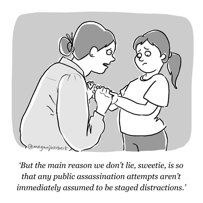 A funny cartoon of a mother explaining to her daughter why they should not lie.