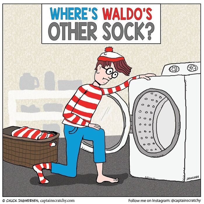 A comic by Captain Scratchy featuring animals in funny situations: Waldo searching for his lost sock in the laundry.