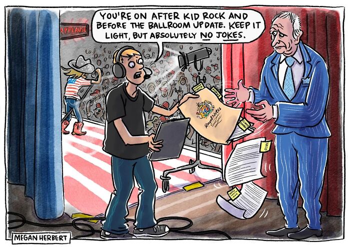 A funny cartoon of a man giving instructions to a stagehand backstage, with a musician in the background.