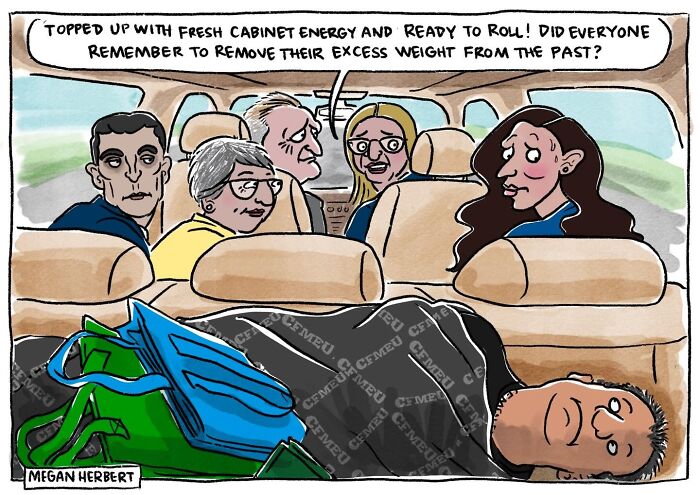 A funny cartoon of several politicians in a car, with one person hidden in the trunk.