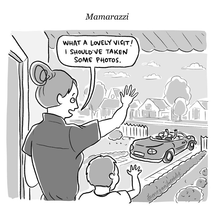 A funny comic by a multitalented cartoonist depicting a mom waving goodbye to a car, lamenting not taking photos.