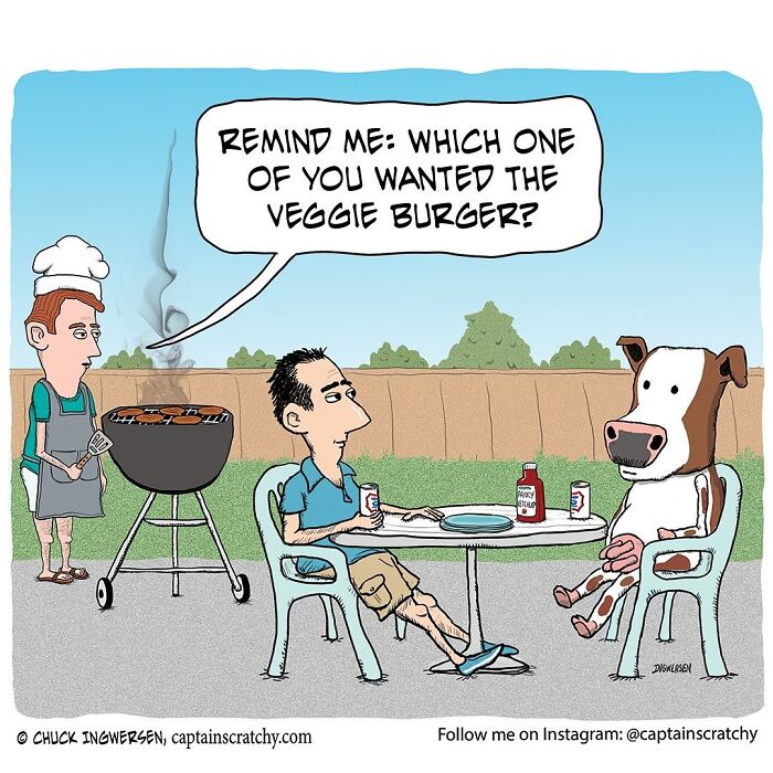 Captain Scratchy comic showing funny animals, a man grilling burgers while a cow waits for a veggie burger.