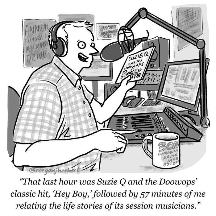 A funny comic of a radio DJ talking about a classic hit, showing the multitalented cartoonist's humor.