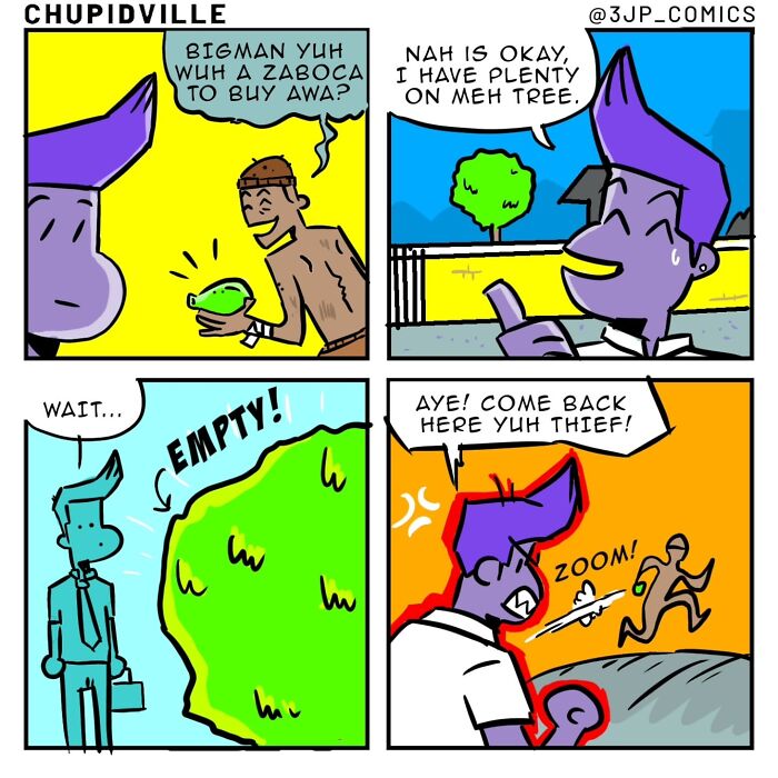 Funny comics about everyday moments: A man refuses to buy fruit, only to find his own tree empty, then chases a thief.