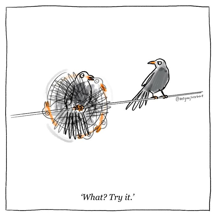 A funny comic depicts two birds on a wire, one spinning, creating funny comics you might relate to.
