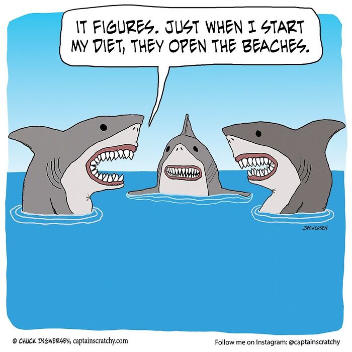 Captain Scratchy comic featuring three sharks discussing their diet plans, highlighting animals in funny situations.