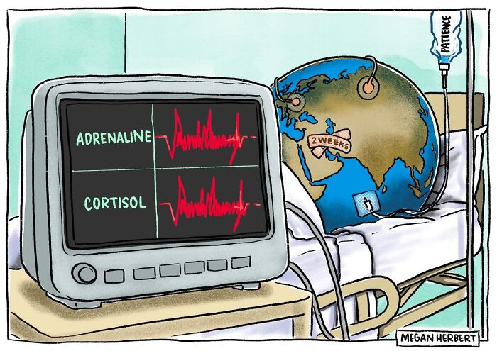 A funny comic depicting the Earth in a hospital bed hooked up to monitors showing adrenaline and cortisol, by a multitalented cartoonist.