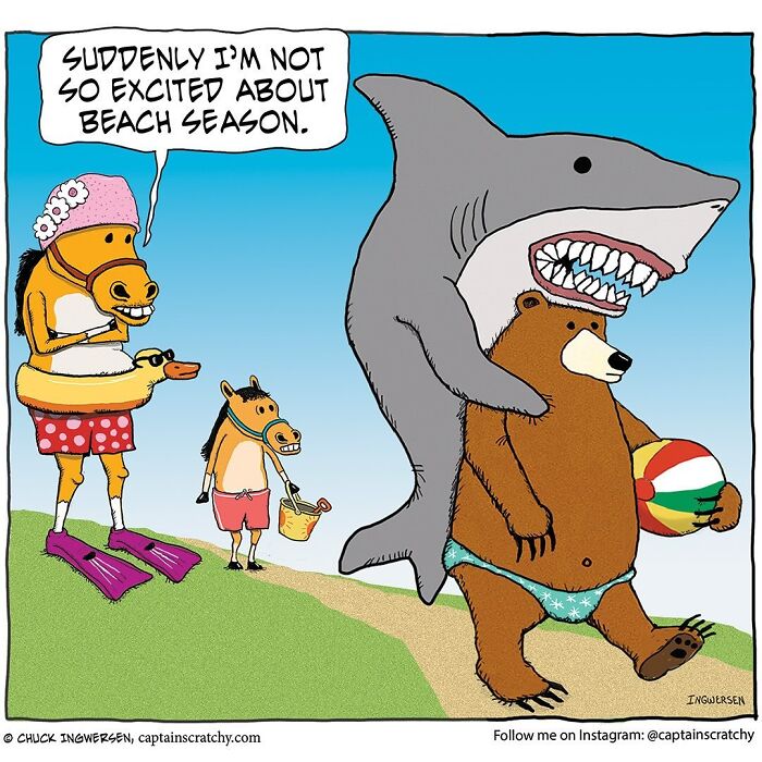 Captain Scratchy comic depicting a shark and a bear at the beach, showcasing animals in funny situations.