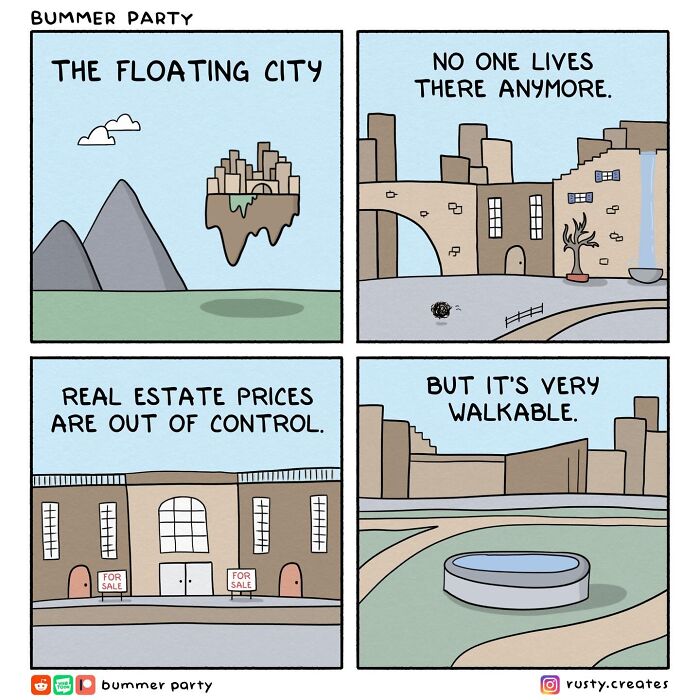 A quirky humor comic showing a floating city with high real estate prices, but it is very walkable.
