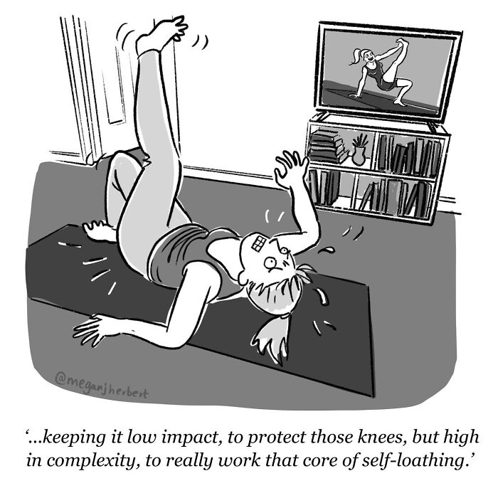 A funny comic illustrates a woman struggling with a home workout while watching a video, making funny comics.