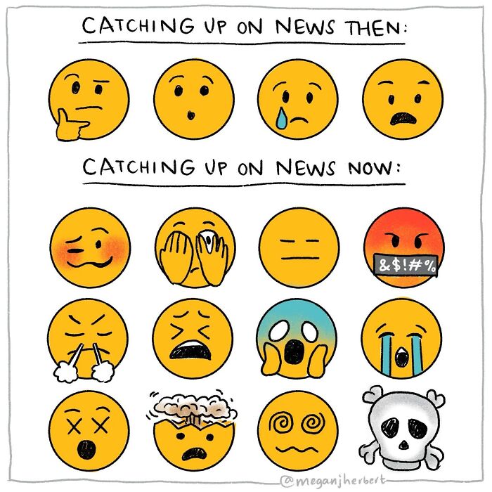 Funny comics: a comparison of emojis from 'then' vs. 'now' showing changing reactions to catching up on news.