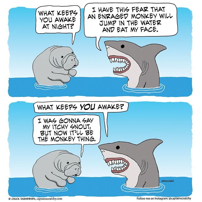 A comic by Captain Scratchy featuring animals in funny situations: a shark's fear of monkeys, and a manatee's itchy snout.