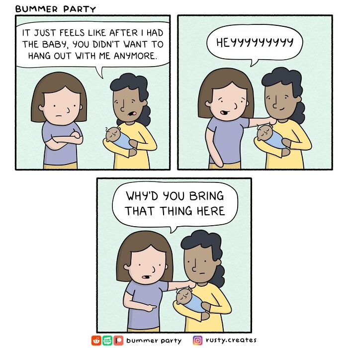 Quirky humor comic about a friend being annoyed by a baby, asking why the 'thing' was brought.