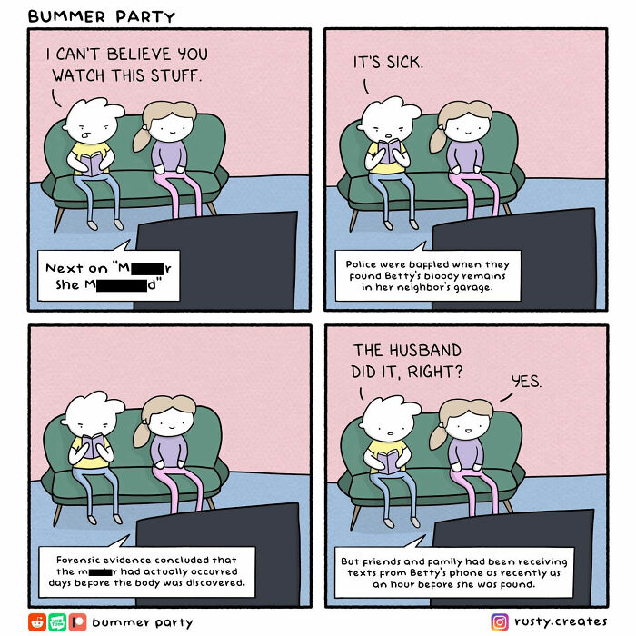 A comic with weird twists, showing two people watching a crime show, with surprising revelations about the case.