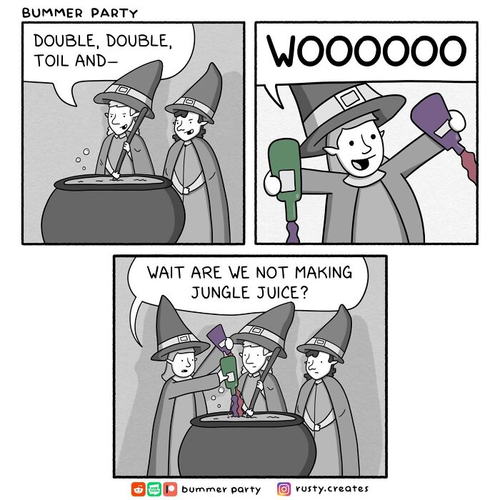 Silly laughs comic featuring witches making jungle juice instead of a potion in a cauldron.