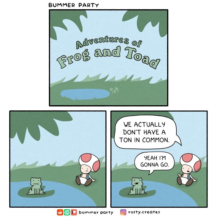 Quirky humor comic about Adventures of Frog and Toad realizing they have nothing in common.