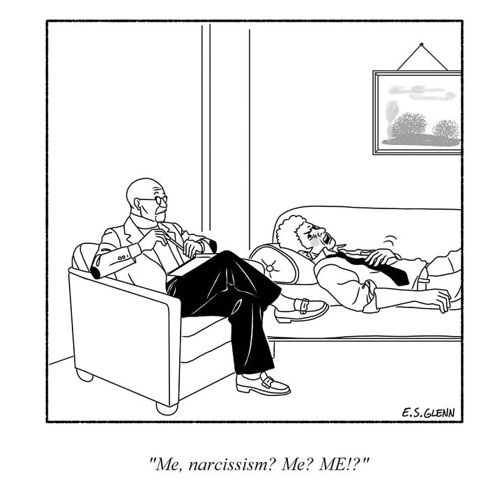 Funny single-panel comic showing a man denying narcissism during therapy, by E.S. Glenn.