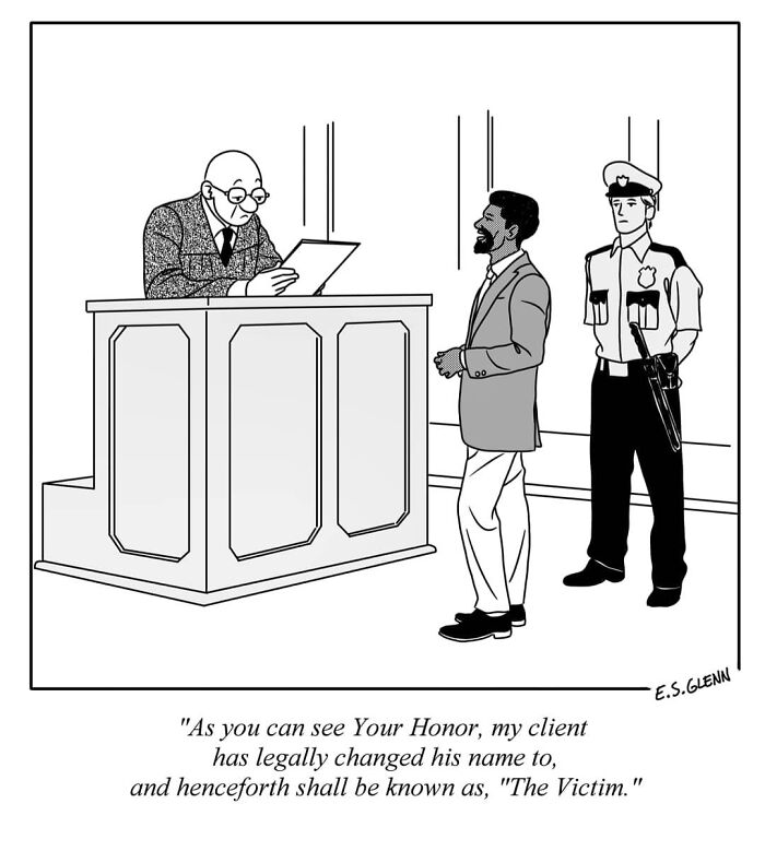 Funny single-panel comic about a man changing his name to The Victim in court, by E.S. Glenn.