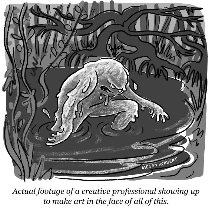 Funny comics: a slimy creature emerges from mud, symbolizing the struggle of a creative professional making art.