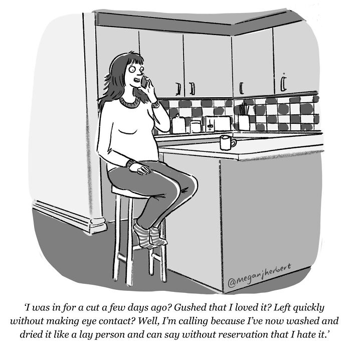 A funny comic of a woman on the phone, complaining about a bad haircut after washing and drying it at home.
