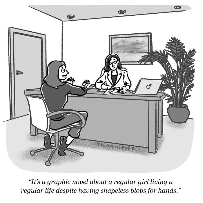 A funny comic showing a woman pitching a graphic novel about a girl with shapeless blobs for hands to an editor.