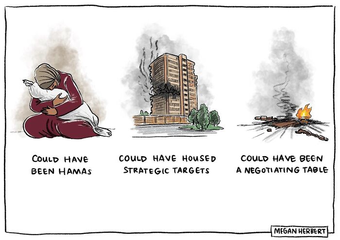 A cartoon illustrates a woman holding a pillow, a bombed building, and a burning pile, depicting funny comics.