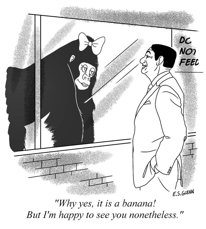 Funny single-panel comics by E.S. Glenn: A man looking at a female gorilla with a bow in a zoo enclosure.