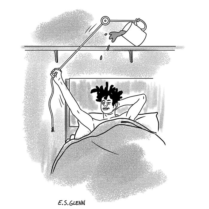 Funny single-panel comics by E.S. Glenn: A man waking up in bed, using a contraption to pour coffee into his mouth.