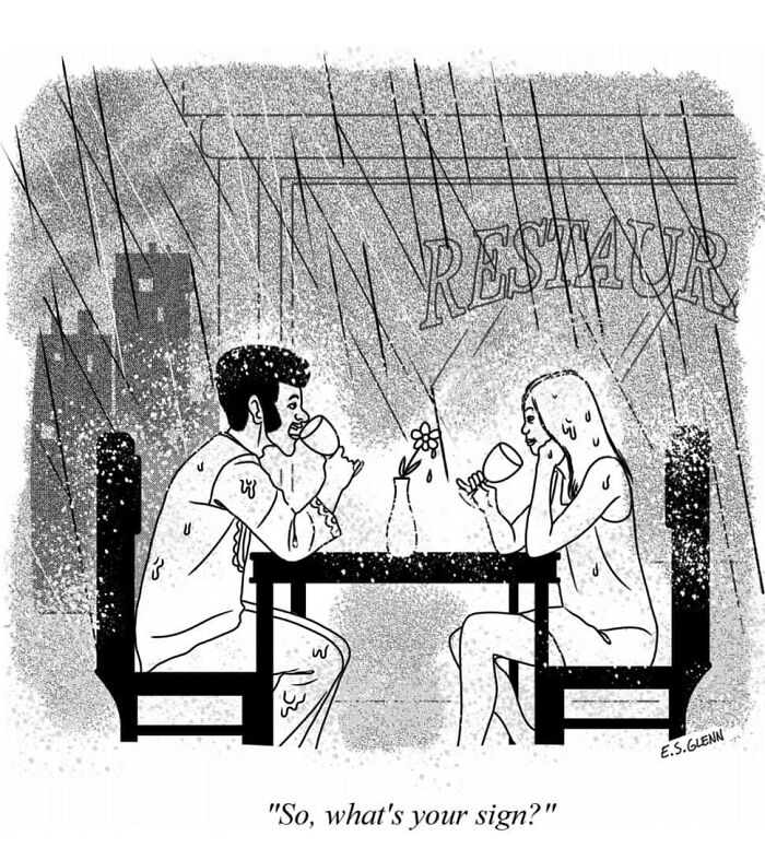 Funny single-panel comics by E.S. Glenn: A couple on a date in a restaurant, soaked by heavy rain.