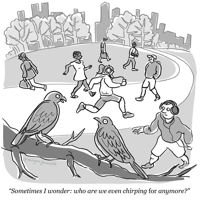 A funny comic features birds chirping at people walking and running in a park, creating relatable funny comics.