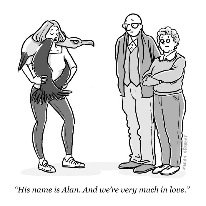 Funny comics: a woman introduces her parents to her goose boyfriend, sparking an awkward family moment.