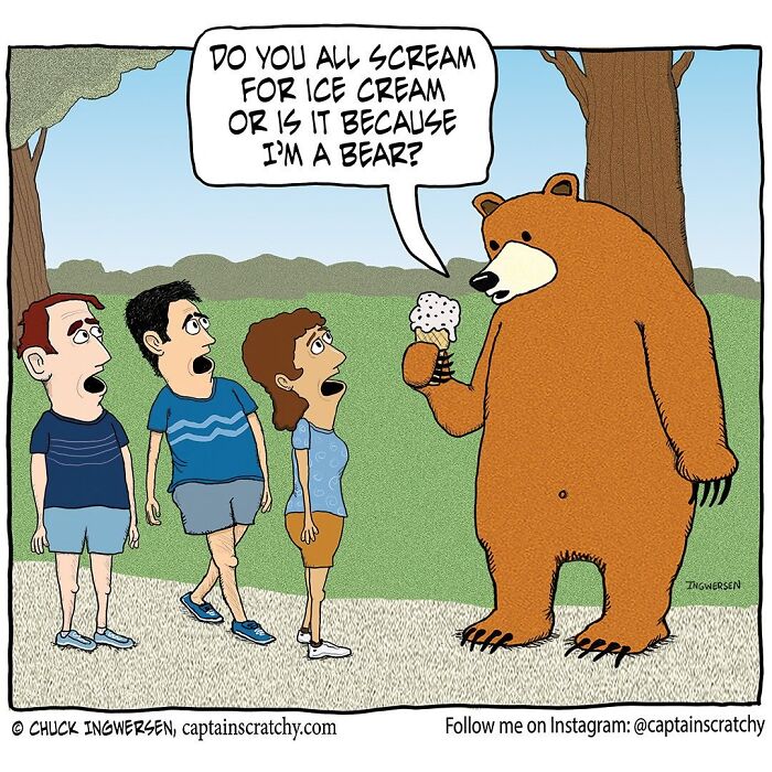A funny comic by Captain Scratchy featuring an animal, a bear, offering ice cream to scared humans.