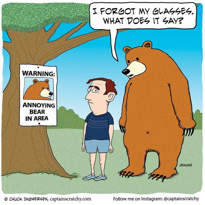 A funny comic by Captain Scratchy featuring an animal, a bear, unable to read a warning sign.