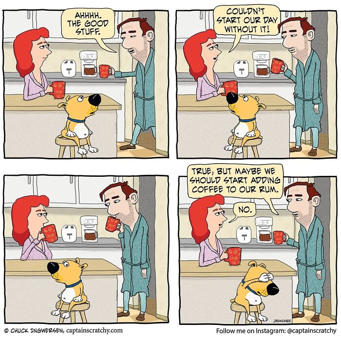 A comic by Captain Scratchy featuring animals in funny situations, showing a couple and their dog drinking coffee in the kitchen.