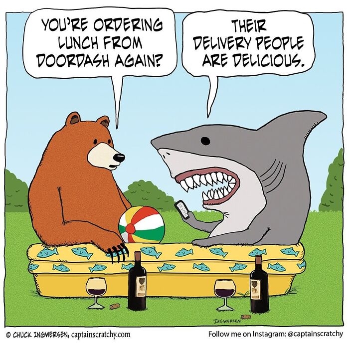 A comic by Captain Scratchy featuring animals in funny situations, showing a bear and a shark having a picnic.
