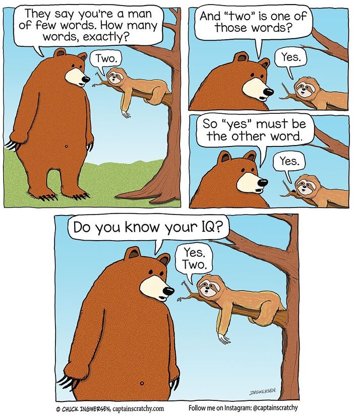 A comic by Captain Scratchy featuring animals in funny situations, showing a bear talking to a sloth in a tree.