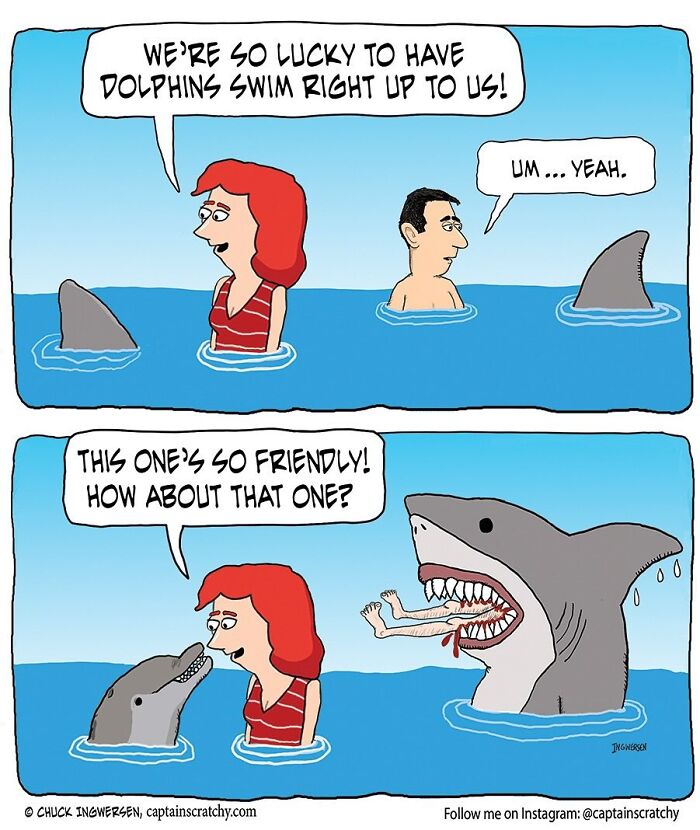 A comic by Captain Scratchy featuring animals in funny situations, showing a shark eating a man while a woman thinks it is a dolphin.