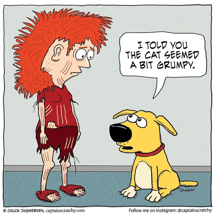 A comic by Captain Scratchy featuring animals in funny situations, showing a dog talking to a woman whose clothes are shredded.