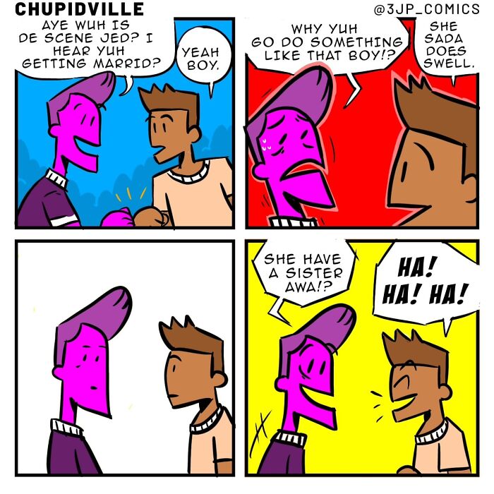 Funny comics capturing everyday moments with two men discussing a friend getting married and joking about a sister.