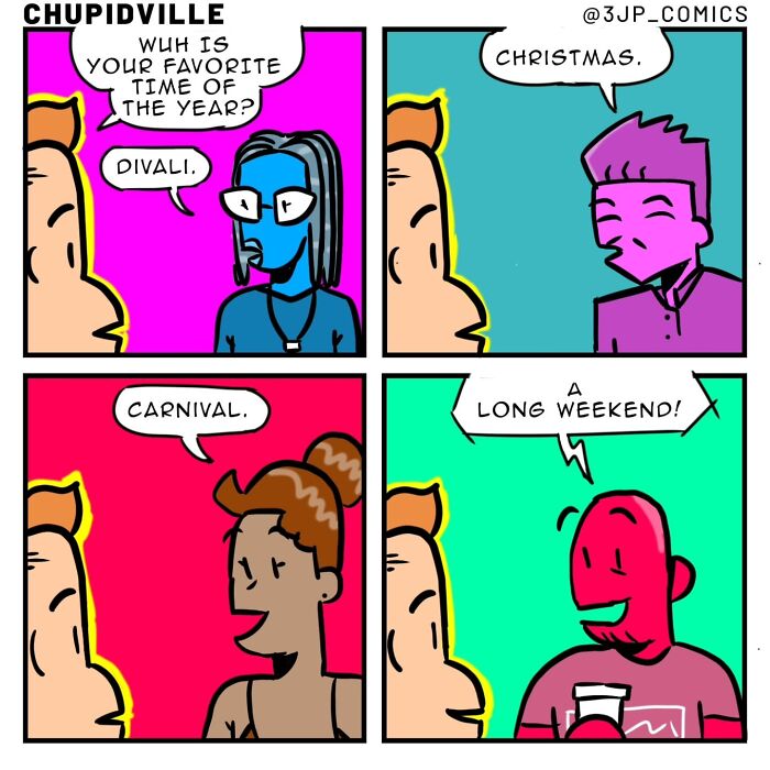 Funny comics capturing everyday moments with people discussing their favorite time of the year, including Diwali, Christmas, Carnival, and a long weekend.