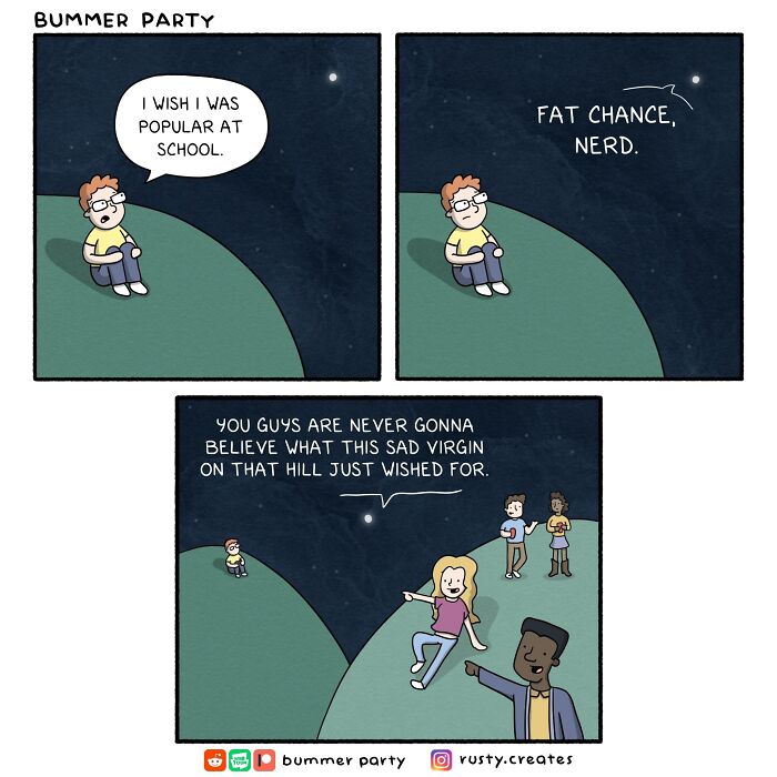 Quirky humor comic with a boy wishing to be popular, then being called a nerd, and finally being gossiped about by other kids.