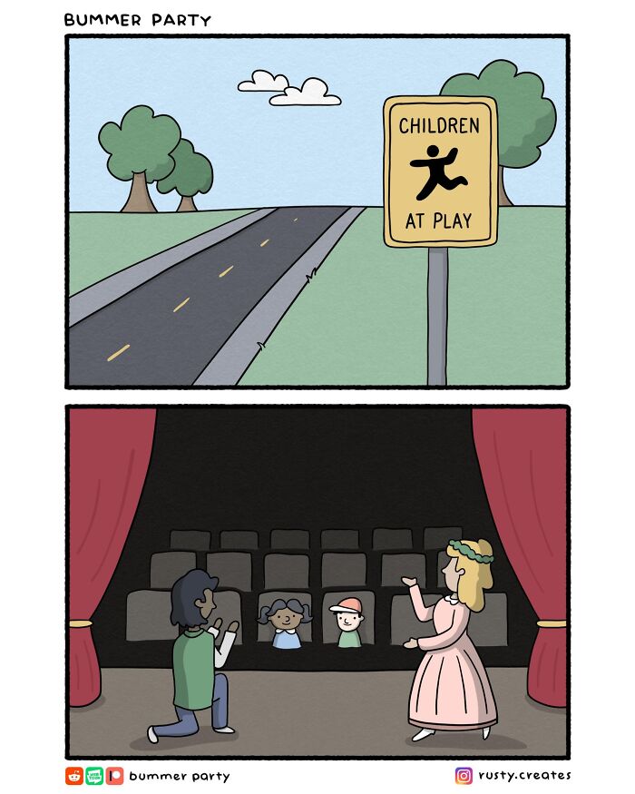 Weird twists comic: A 'Children at Play' sign is shown above a scene of children watching a play in a theater.